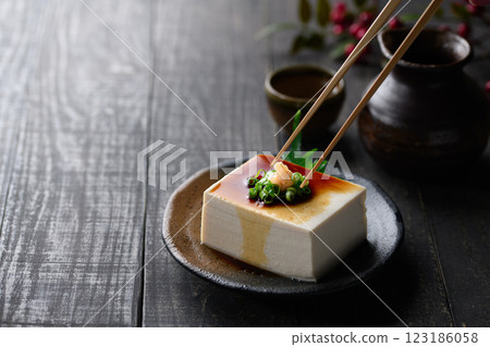 黑色背景中的冷豆腐（絲豆腐） 123186058