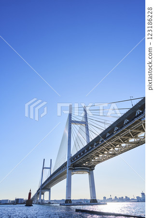 Yokohama Bay Bridge looking up from Daikoku Pier 123186228