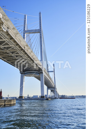 從大黑碼頭仰望的橫濱灣大橋 從大黑碼頭仰望的橫濱灣大橋 123186229