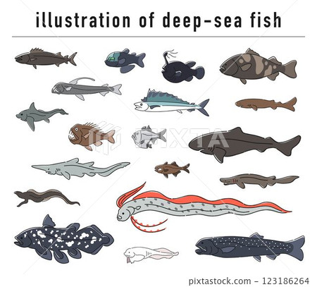 Deep sea fish hand drawn illustration set 123186264