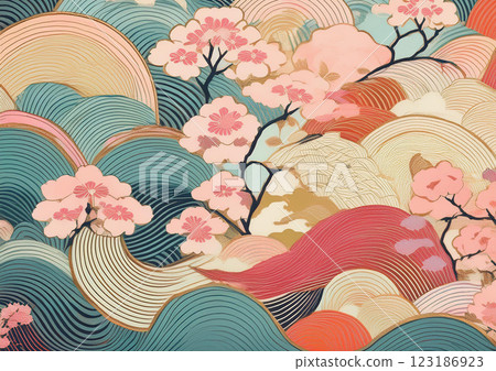 A Japanese pattern of cherry blossoms and undulations, with a focus on patterns using pastel colors. A Japanese pattern of cherry blossoms and undulations, with a focus on patterns using pastel colors. 123186923