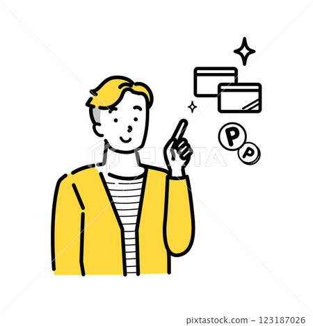 Illustration of a young man explaining credit cards and points, pointing, smiling 123187026