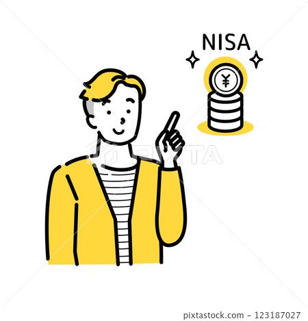 Illustration of a young man explaining NISA, pointing, smiling 123187027