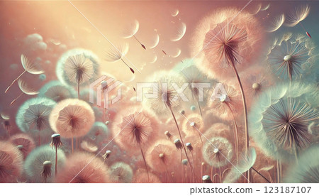 用絨毛裝飾的蒲公英的奇幻景觀。 123187107