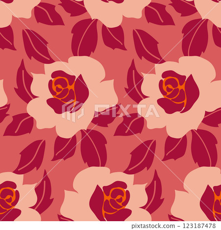 Abstract solid modern textile vector design, arrangement with big roses. All over seamless pattern with red tone digital image. Vector illustration 123187478