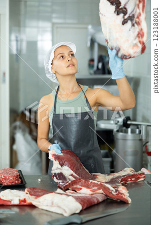 Girl in butcher shop cuts meat carcass into small pieces of meat for retail sale in small store Girl in butcher shop cuts meat carcass into small pieces of meat for retail sale in small store 123188001