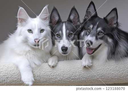 Three Adorable Dogs Peeking Over Soft White Surface with Bright Expressions and Spotless Fur 123188070