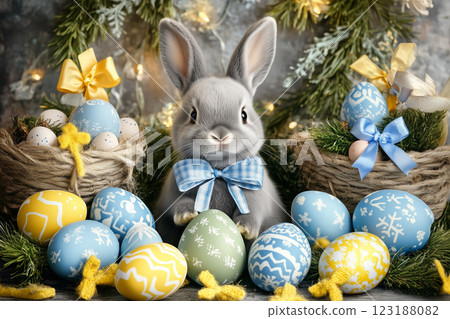 Cute Bunny Rabbit Surrounded by Colorful Easter Eggs on a White Pastel Background 123188082
