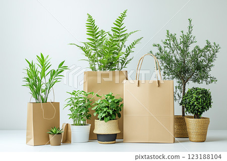 Various Sizes of Paper Bags Surrounded by Stylish Indoor Plants in Minimalist Setting 123188104