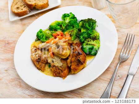 Pieces of chicken stewed in creamy sauce complemented with boiled broccoli. Pieces of chicken stewed in creamy sauce complemented with boiled broccoli. 123188173