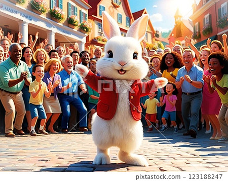 A cute bipedal rabbit character posing in front of a large crowd 123188247