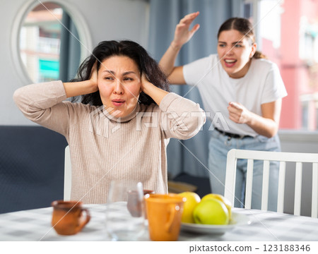 Outraged girl yells at her friend during domestic quarrel Outraged girl yells at her friend during domestic quarrel 123188346