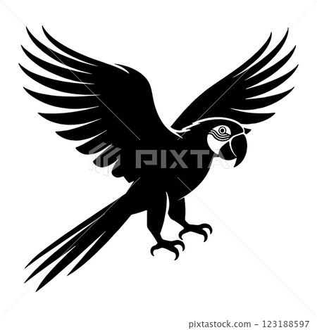 Black silhouette illustration of a flying parrot, cut out on transparent background 123188597