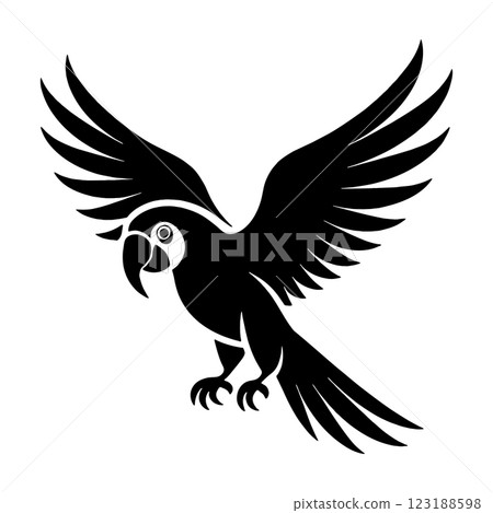 Black silhouette illustration of a flying parrot, cut out on transparent background 123188598