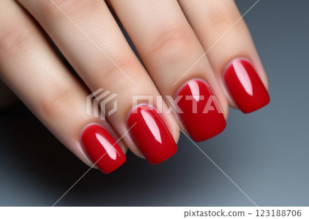 Glamour woman hand with classic red nail polish on her fingernails. Red nail manicure with gel polish at luxury beauty salon. Nail art and design. Female hand model. French manicure. Generative AI. 123188706