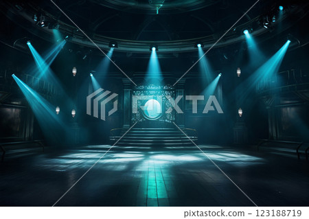 Artistic performances stage light background with spotlight illuminated stage for modern dance. Empty stage with cool colors backdrop decoration. Blue lighting design. Entertainment show. 123188719