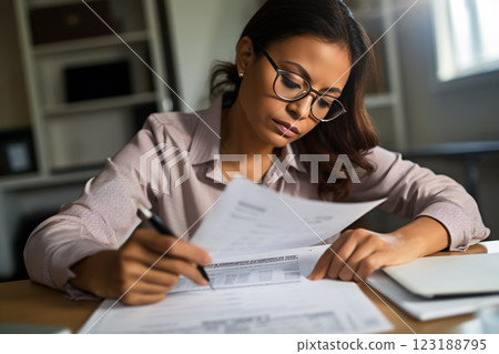 A woman is sitting at a desk and writing on a piece of paper. She is wearing glasses and she is focused on her work A woman is sitting at a desk and writing on a piece of paper. She is wearing glasses and she is focused on her work 123188795