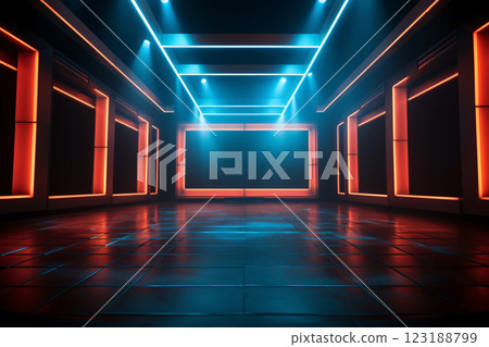 Artistic performances stage light background with spotlight illuminated the stage for modern dance. Empty stage with contrast and bold colors backdrop decoration. Lighting design. Entertainment show. Artistic performances stage light background with spotlight illuminated the stage for modern dance. Empty stage with contrast and bold colors backdrop decoration. Lighting design. Entertainment show. 123188799