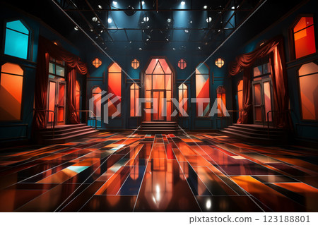 Artistic performances stage light background with spotlight illuminated the stage for modern dance. Empty stage with contrast and bold colors backdrop decoration. Lighting design. Entertainment show. Artistic performances stage light background with spotlight illuminated the stage for modern dance. Empty stage with contrast and bold colors backdrop decoration. Lighting design. Entertainment show. 123188801