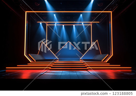 Artistic performances stage light background with spotlight illuminated the stage for modern dance. Empty stage with contrast and bold colors backdrop decoration. Lighting design. Entertainment show. 123188805