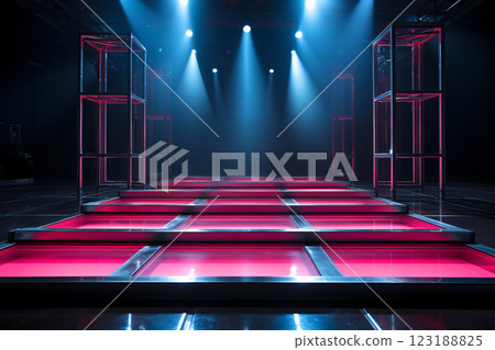 Artistic performances stage light background with spotlight illuminated the stage for modern dance. Empty stage with dynamic color changes backdrop decoration. Lighting design. Entertainment show. 123188825