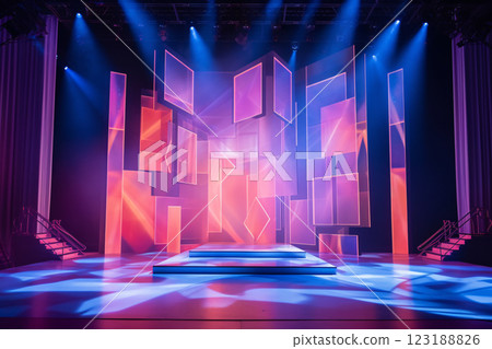 Artistic performances stage light background with spotlight illuminated the stage for modern dance. Empty stage with dynamic color changes backdrop decoration. Lighting design. Entertainment show. Artistic performances stage light background with spotlight illuminated the stage for modern dance. Empty stage with dynamic color changes backdrop decoration. Lighting design. Entertainment show. 123188826