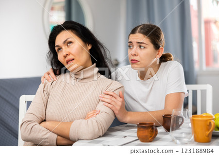 Annoyed stressed female couple sitting at home 123188984