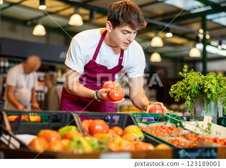 Focused young salesman laying out ripe tomatoes on display supermarket Focused young salesman laying out ripe tomatoes on display supermarket 123189001