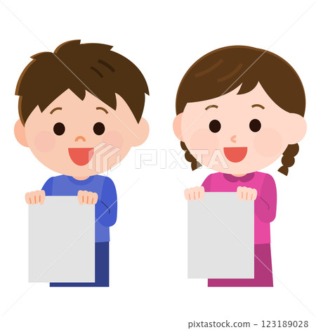 Calligraphy: Boy and girl showing white paper 123189028