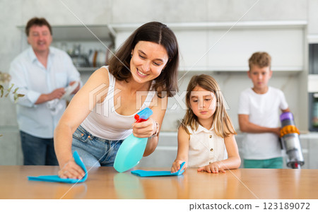 Little girl helps mother wash kitchen table. Little girl helps mother wash kitchen table. 123189072