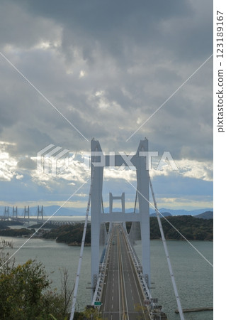 The road of the Great Seto Bridge seen from the observation deck of Mt. Washuu The road of the Great Seto Bridge seen from the observation deck of Mt. Washuu 123189167