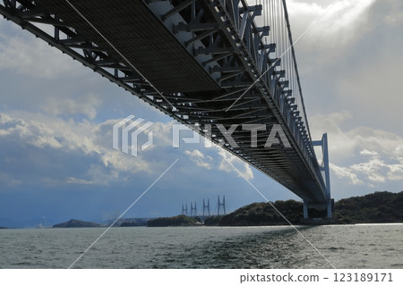 從倉敷龍浦公園眺望橫跨瀨戶內海的瀨戶大橋 從倉敷龍浦公園眺望橫跨瀨戶內海的瀨戶大橋 123189171