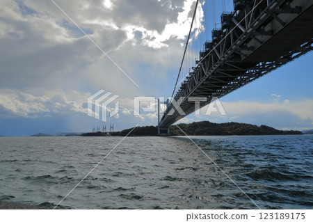 A view of the Great Seto Bridge stretching towards Shikoku from Tatsunoura Park in Kurashiki 123189175