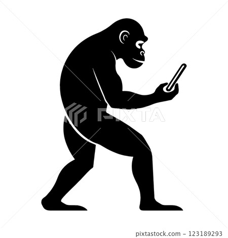Black silhouette illustration of a monkey looking at a smartphone screen, cut out on a transparent background 123189293