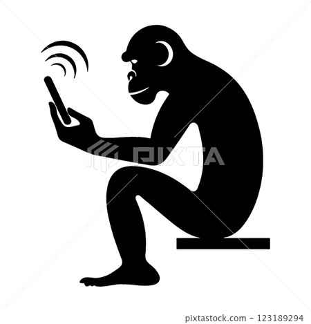 Black silhouette illustration of a monkey looking at a smartphone screen, cut out on a transparent background 123189294