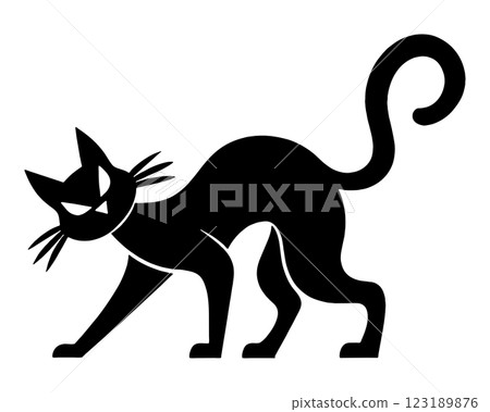 Black silhouette illustration of a Halloween black cat glaring at you with a scary expression, cut out on a transparent background 123189876