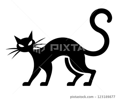 Black silhouette illustration of a Halloween black cat glaring at you with a scary expression, cut out on a transparent background 123189877