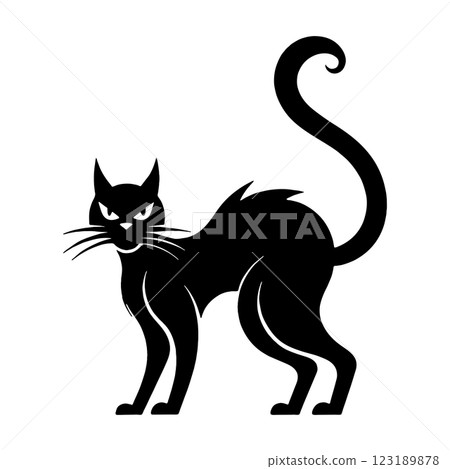 Black silhouette illustration of a Halloween black cat glaring at you with a scary expression, cut out on a transparent background 123189878