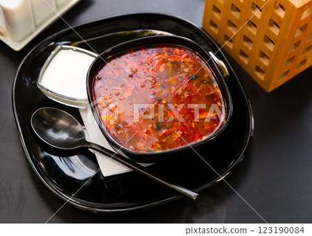 National dish of Russian cuisine is Solyanka soup National dish of Russian cuisine is Solyanka soup 123190084