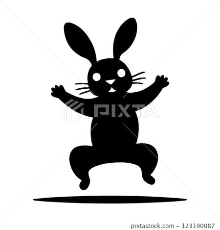 Black silhouette illustration of a jumping rabbit, cut out on transparent background 123190087