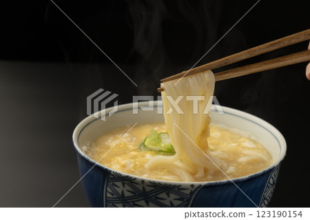 Pick up the hot egg-and-scallion udon noodles with chopsticks 123190154