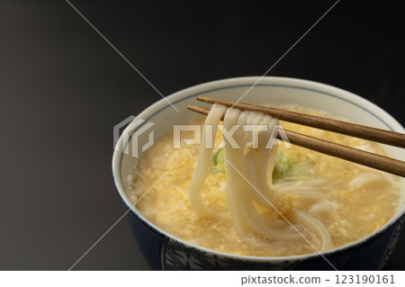 用筷子夾起熱騰騰的雞蛋烏龍麵 用筷子夾起熱騰騰的雞蛋烏龍麵 123190161