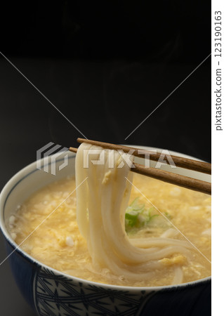 用筷子夾起熱騰騰的雞蛋烏龍麵 123190163