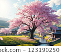 Japanese traditional landscape and cherry blossom trees 123190250