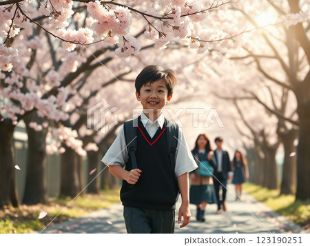 Elementary school students walking along the cherry blossom-lined street at the entrance ceremony Elementary school students walking along the cherry blossom-lined street at the entrance ceremony 123190251