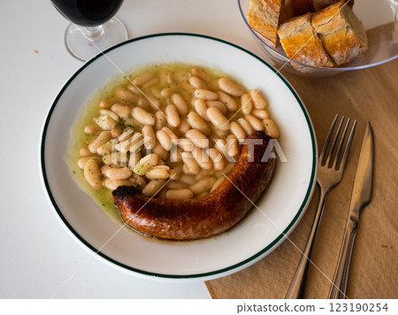 Top view of stewed beans with butifarra sausage Top view of stewed beans with butifarra sausage 123190254