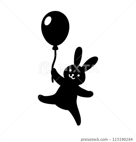 一隻兔子帶著氣球漂浮在空中的黑色剪影插圖,在透明背景上被剪下來 一隻兔子帶著氣球漂浮在空中的黑色剪影插圖,在透明背景上被剪下來 123190284