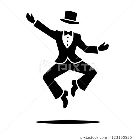 Black silhouette illustration of a man wearing a tuxedo suit and top hat dancing happily. Transparent Black silhouette illustration of a man wearing a tuxedo suit and top hat dancing happily. Transparent 123190530