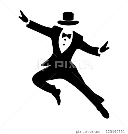 Black silhouette illustration of a man wearing a tuxedo suit and top hat dancing happily. Transparent Black silhouette illustration of a man wearing a tuxedo suit and top hat dancing happily. Transparent 123190531