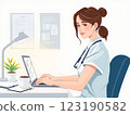 Female nurse doing clerical work, illustration style 123190582